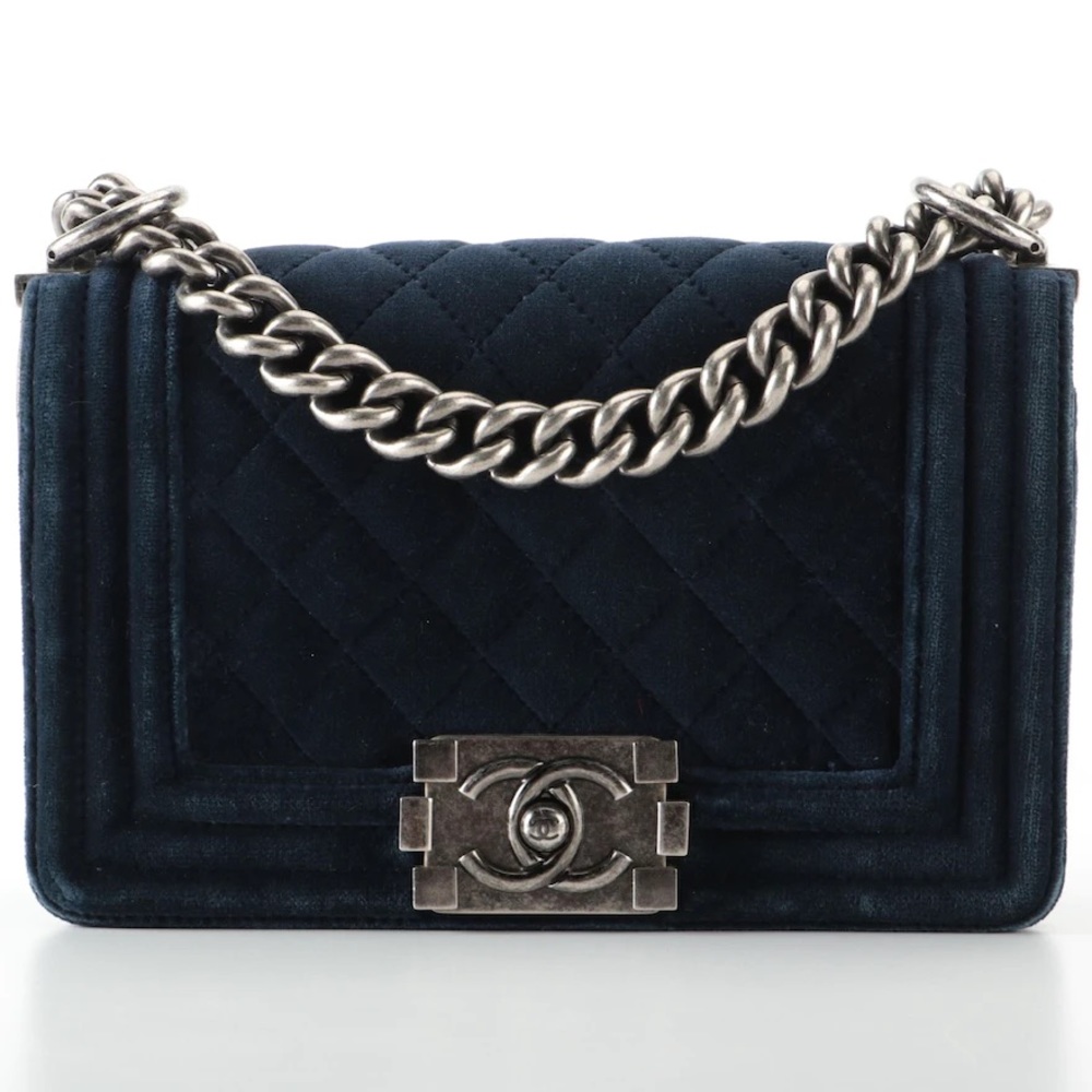 Chanel Small Boy Bag in Quilted Navy Velvet and Leather